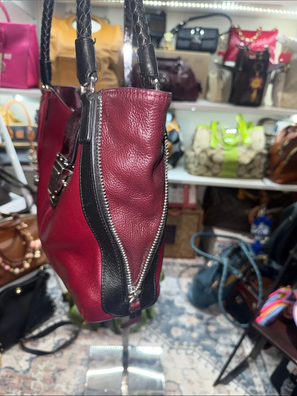 Brighton Rare Vintage Red Burgundy Leather Shoulder Bag with Black handles
